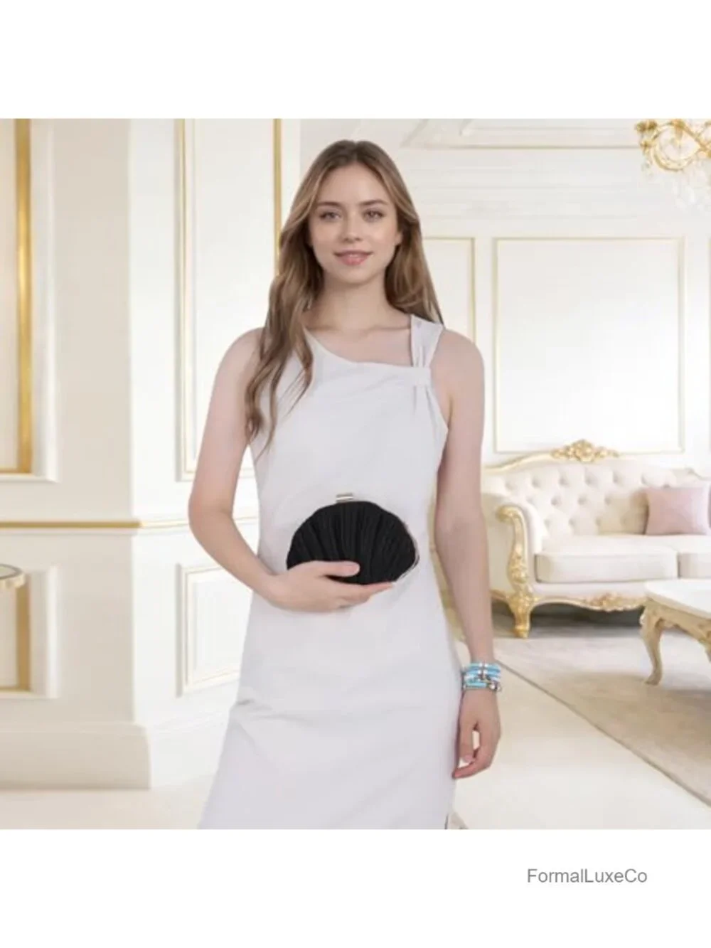 Satin Shell Ruched Clutch Purse with Chain - Evening Bag